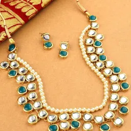 Zaveri Pearls Green & Clear Alloy Necklace & Earring Set image 2