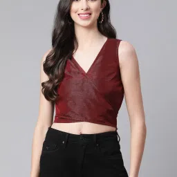 Cottinfab Maroon V-Neck Crop Silk Blend Top image 1