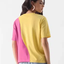 The Souled Store Yellow & Pink Cotton Color-Block T-Shirt image 2