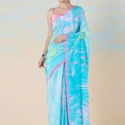 navyasa by liva Sky Blue & Pink Floral Print Saree With Unstitched Blouse-picture-25