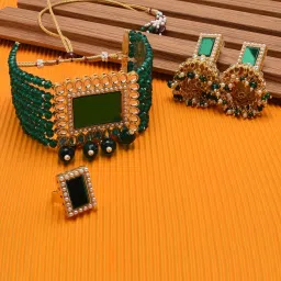 Zaveri Pearls Green Multistrand Kundan Choker Necklace Earring & Ring Set-ZPFK11454 image 2