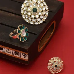 Zaveri Pearls Gold Tone Combo of 3 Ethnic Adjustable Finger Rings-ZPFK12773 image 2