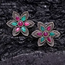 Panash Silver Plated Green & Red Floral Stud Earrings-picture-39