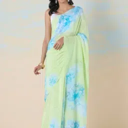 navyasa by liva Fresh Green & Blue Printed Saree With Unstitched Blouse-image-94