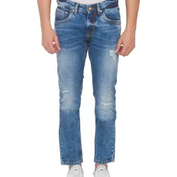 Spykar Mid Blue Cotton Skinny Fit Distressed Jeans image 1