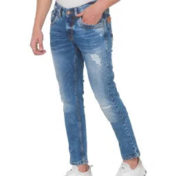 Spykar Mid Blue Cotton Skinny Fit Distressed Jeans image 3