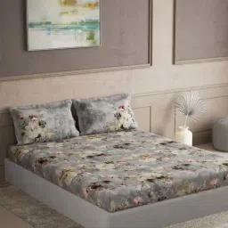 DDecor Grey Cotton 145TC Floral Print Bedsheet with 2 Pillow Cover-image-60