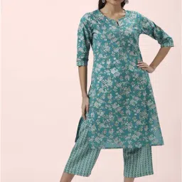 Rangmanch by Pantaloons Teal Green Cotton Floral Print Kurta Palazzo Set-picture-23