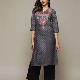 Biba Black Cotton Straight Fit Printed Kurta-picture-15