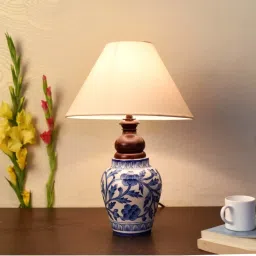 Unravel India Off-White & Blue Ceramic Table Lamp - Set of 1 image 1