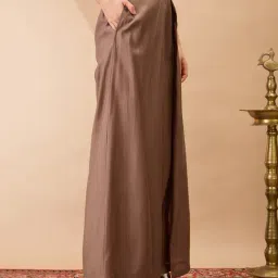 Globus Women Taupe Solid Mid-Rise Pleated Wide Leg Flared Fusion Trousers image 4