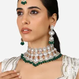 Zaveri Pearls Green Bead Austrian Diamonds Bridal Choker Necklace Earring Maangtikka Set-ZPFK17312-picture-35