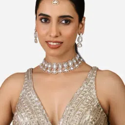 Zaveri Pearls Gold Tone Stones & Austrian Diamonds Choker Necklace Earring Maangtikka Set-ZPFK17310-image-98