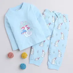 Bumzee Kids Sky Blue Cotton Printed Full Sleeves T-Shirt Set-image-3