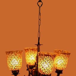 Somil Antique 4-Light Chandelier with Mosaic Glass Shades, Gold and White Lighting Effect, Metal Fitting. LED Compatible. Dia: 48 X 48 X 100 Cm.-picture-10
