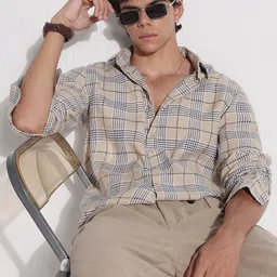 SHOWOFF Checked Spread Collar Comfort Slim Fit Cotton Shirt-image-50