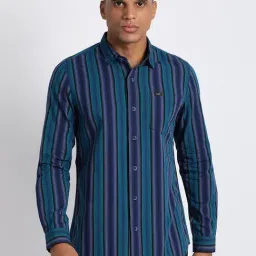 Lee Teal Cotton Slim Fit Striped Shirt-image-0