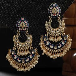 Aatmana Blue Gold-Plated Meenakari & Pearls Beaded Chand Bali Earrings for Women-picture-37