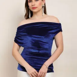 Globus Women Blue One Shoulder Gathered Detail Velvet Party Top-picture-47