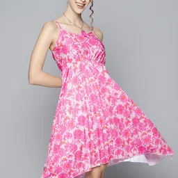 SASSAFRAS Women Pink & White Floral A-Line Midi Dress-image-86