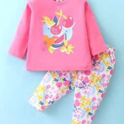 Zero Sinker Knit Full Sleeves Night Suit With Fruity & Floral Print - Pink-picture-3