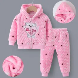 Kookie Kids Full Sleeves Winter Wear Hooded Sweatjacket & Lounge Pant Set with Bear Patch -Pink-picture-18