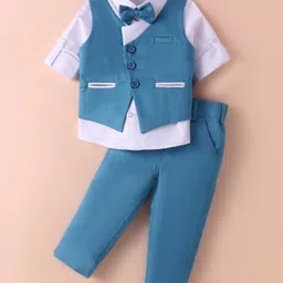 Robo Fry Lycra Woven Full Sleeves Solid Color 3 Piece Party Suit with Bow - Blue-picture-28