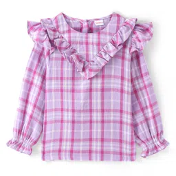 Babyhug Full Sleeves Rayon Woven Checks Top with Frill Detailing -Purple-image-93