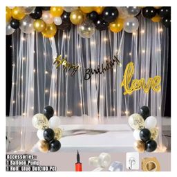 Bubble Trouble Combo Net LED Balloon pump Confetti & Metallic Balloon Bouquet (White Gold Black Pack of 60)-picture-12