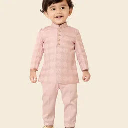 ETHNIKS NEURON Chanderi Silk Full Sleeves Damask Embroidered Kurta Pyjama Set - Pink-picture-23
