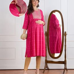 Bella Mama Woven Three Forth Sleeves Gold Foil Printed Maternity Kurta With Embroidered Yoke - Dark Pink-picture-21