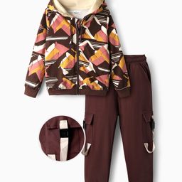OLLINGTON ST. Cotton Abstract Printed Full Sleeves Zipper Hoodie & Knit Joggers Set - Multicolor & Brown-picture-16