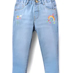 Babyhug Denim Full Length Washed Jeans With Stretch & Rainbow Embroidery - Light Blue-image-99