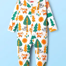 Babyhug Cotton Knit Full Sleeves Footed Sleepsuit With Animal Print - White-image-8