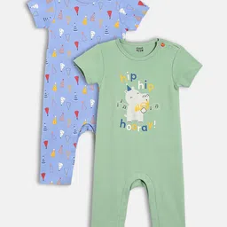 MINI KLUB Cotton Knit Pack Of 2 Half Sleeves Hippo & Caps Printed Rompers - Blue & Green-picture-36