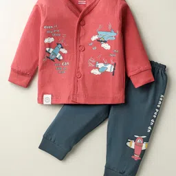 CUCUMBER Sinker Knit Full Sleeves T-Shirt & Lounge Pant Set with Vehicle Print - Red & Dark Green-picture-18