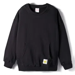 kookie kids india Kookie Kids Terry Knit Full Sleeves Solid Color Pullover Sweatshirt with Kangaroo Pocket & Badge Detailing - Black image 1