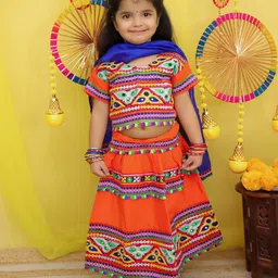 BownBee Pure Cotton Woven Navratri Theme Half Sleeves Kutchi Embroidered & Mirror Work Embroidered Chaniya Choli With Dupatta Set - Orange-picture-23