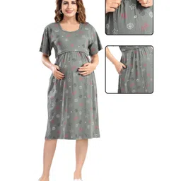 Fabme Sinker Knit Half Sleeves Leaves Printed Maternity Night Dress With Horizontal Zipper Nursing Access - Grey-picture-33