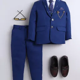 BT DEZINES Cotton Blend Woven Full Sleeves Solid 4 Piece Party Suit Set With Tie - Royal Blue-picture-27