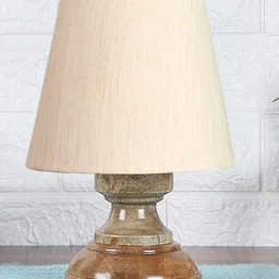 Devansh off-white cotton Natural Wood Table Lamp image 2
