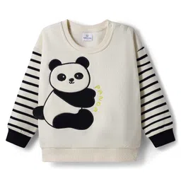 Mark & Mia Fleece Knit Full Sleeves Oversize Winter Wear T-Shirt & Joggers Set with Stripes & Panda Print - Black & White image 2