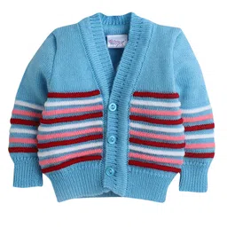 Little Angels Wollen Woven Full Sleeves Striped Cardigan With Cap & Socks Set - Blue image 3