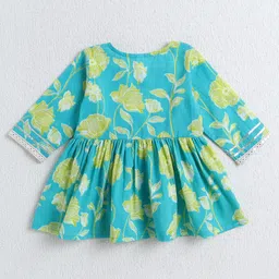 The Magic Wand Cotton Woven Three Fourth Sleeves Floral Printed Gota Lace & Mirror Work Embellished Top & Palazzo Set - Green image 3