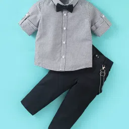 Mark & Mia Full Sleeves Checkered Party Shirt & Trouser Set with Bow Tie & Suspenders - Black & Grey image 4