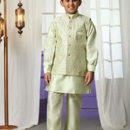 Pro-Ethic Style Developer Boys Green Sequence Full Sleeves Self Design Kurta Sets-picture-42