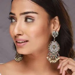 Aatmana Red & Green Kundan Studded & Beaded Dual Toned Drop Earrings for Women image 2