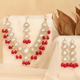 Zaveri Pearls Pink Beads Drop Dazzling Stones Embellished Necklace Earring Maangtikka Set-ZPFK17308-picture-13