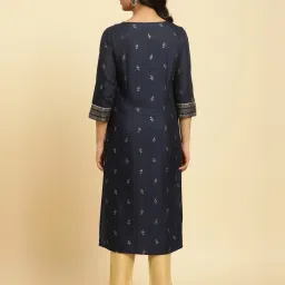 W Navy Embroidered Straight Kurta image 2
