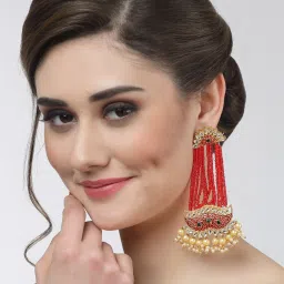 Moedbuille Meenakari Work Kundan & Pearl Studded Gold-Plated Traditional Tassel Dangler Earrings image 2